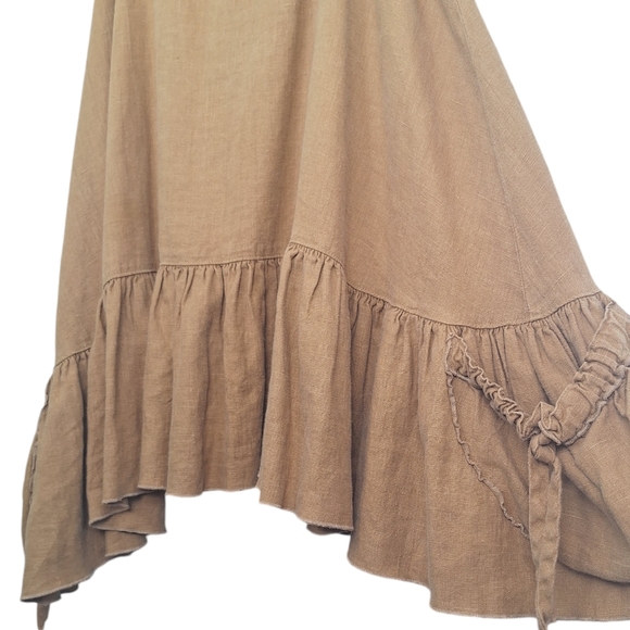 100% Linen Heart's Desire by Mary Grace L Tan Strap Ruffle Dress w Pockets - Picture 6 of 9